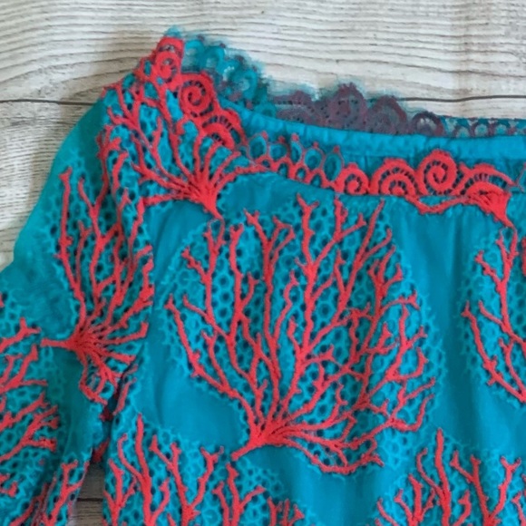 Lilly Pulitzer Cee Cee Snorkel Teal and Coral Red Lace Dress in Size 4 - Picture 3 of 7
